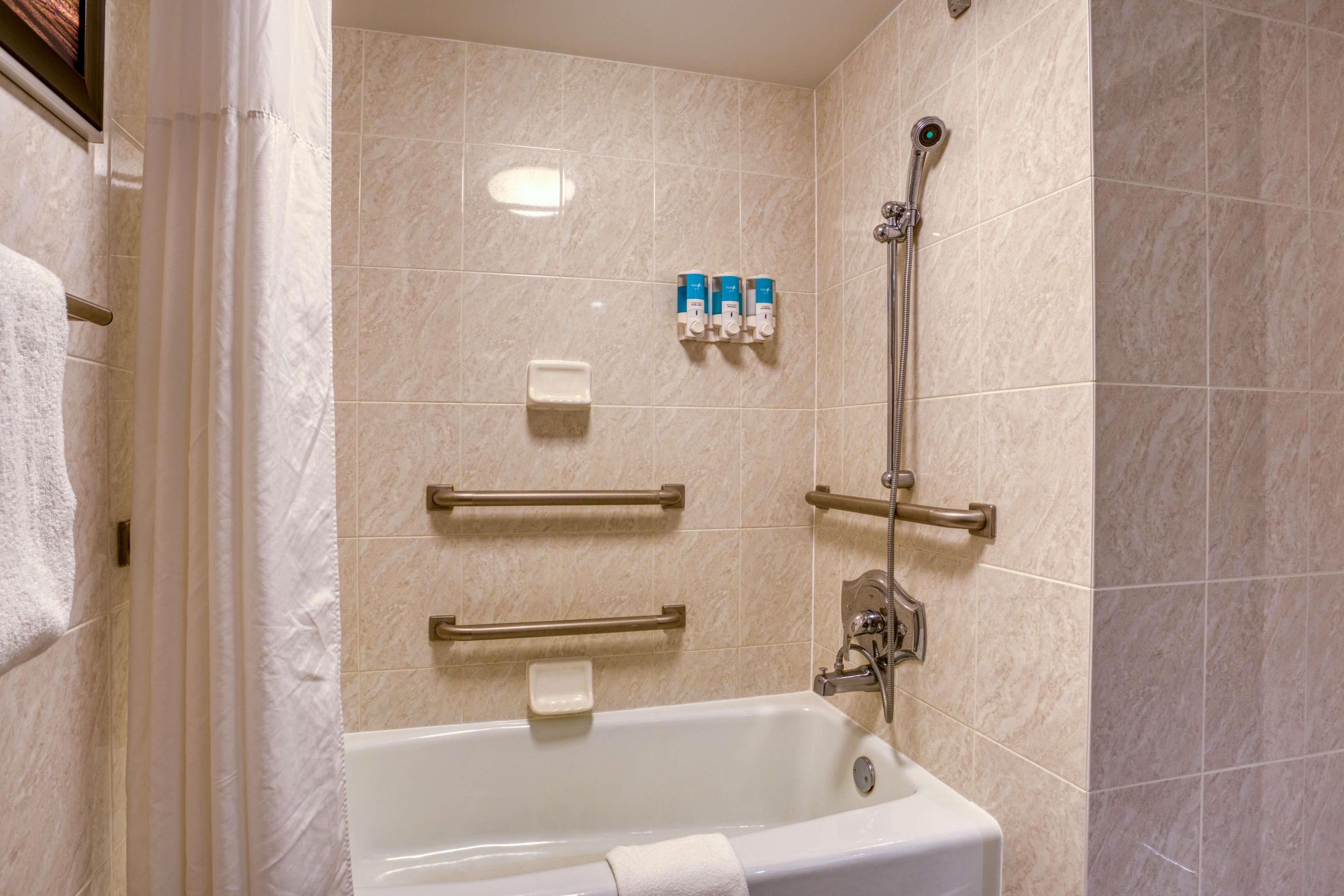 Ein Badezimmer mit einer Badewanne, Haltegriffen, einer Duschbrause und Pflegeprodukten an der Wand.