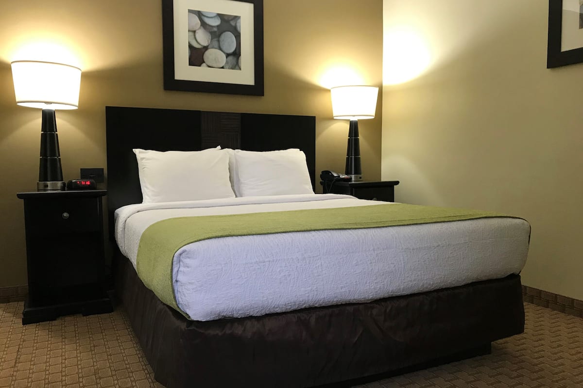 A neatly made bed with a green throw, two bedside lamps, a framed picture on the wall, and a clock on the nightstand.