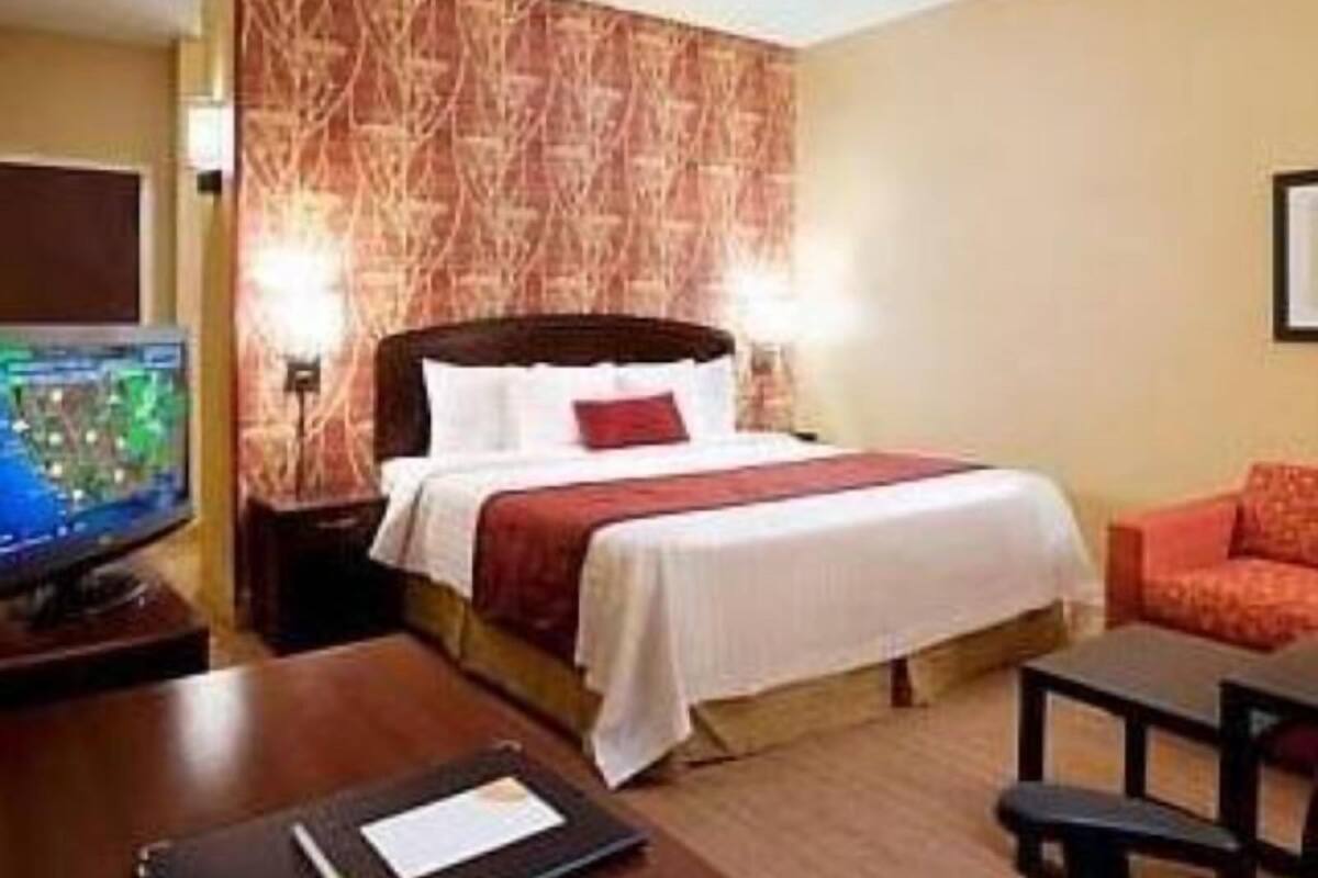 A hotel room with a bed, a desk, a chair, a television, and a patterned wall.