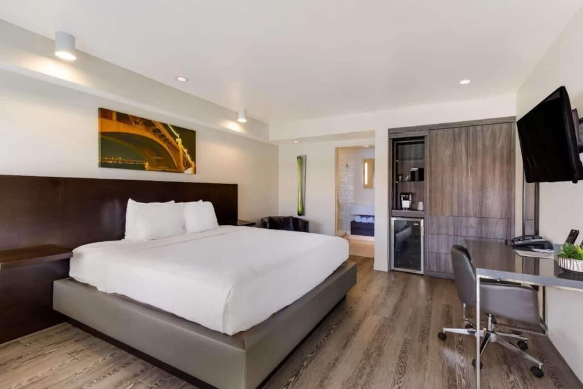 Habitación de hotel con una cama grande, un escritorio, una silla, un televisor y un cuadro en la pared.