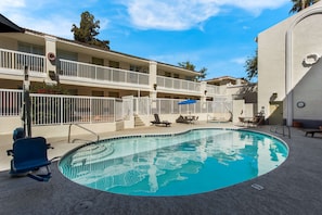 Outdoor pool, pool umbrellas, pool loungers