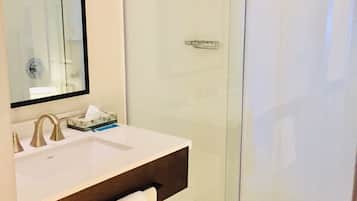 Une salle de bain dotée d’une douche à parois de verre, d’un lavabo blanc avec un plan de toilette foncé et d’un miroir agrémenté de deux luminaires.