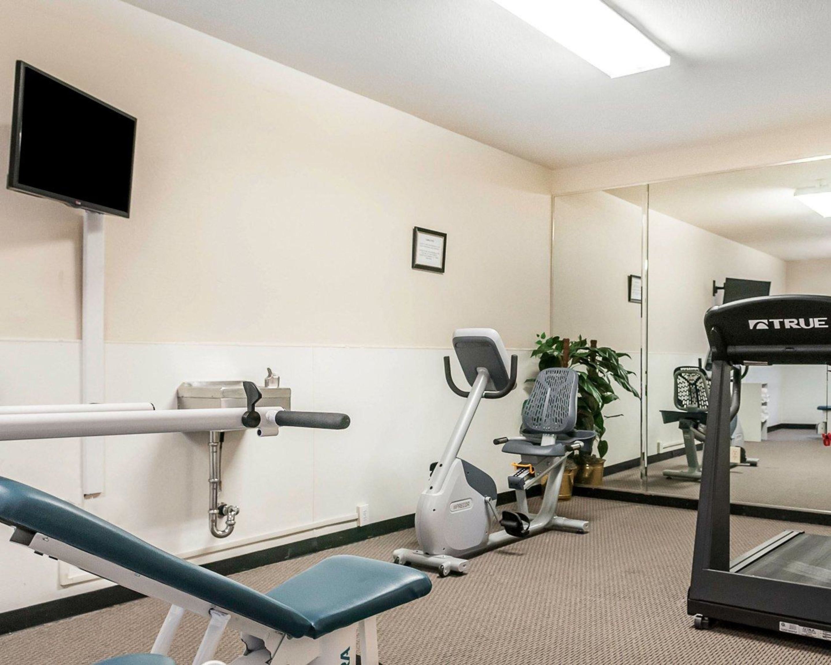 Een sportschool met trainingsapparatuur, waaronder een loopband, een hometrainer en een bank.