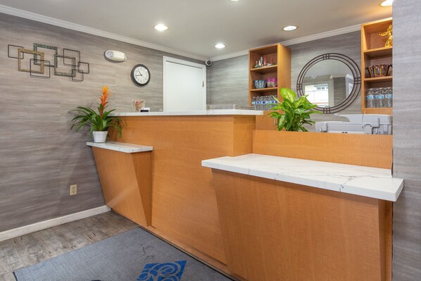 Welcome to our reception area, featuring a reception desk, potted plants, a large mirror, and a geometric wall art piece.