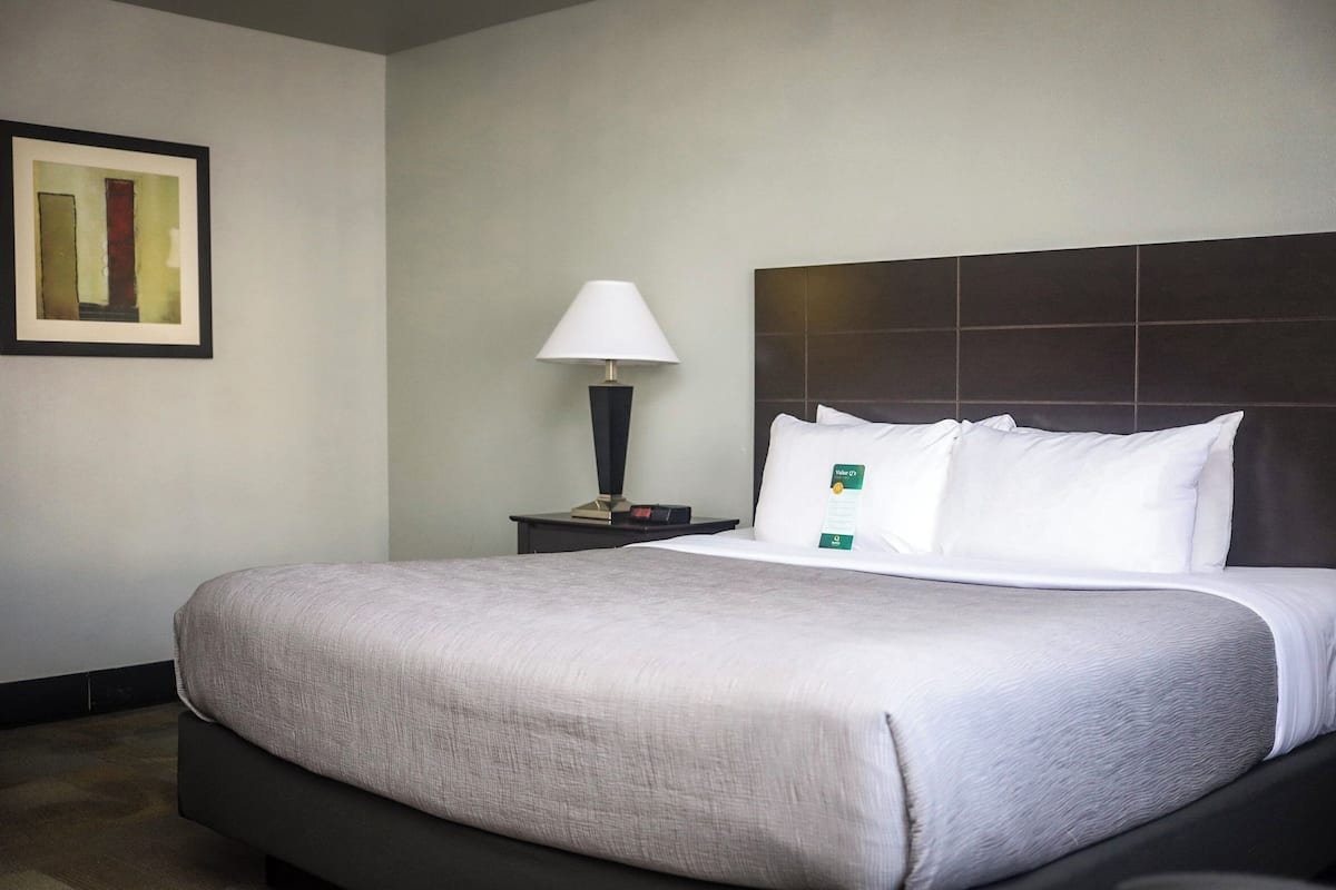 Premium bedding, desk, laptop workspace, blackout curtains