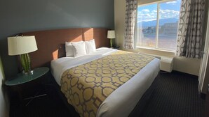 Habitación de hotel con una cama grande, dos lámparas de noche, una ventana con cortinas y vistas al exterior.