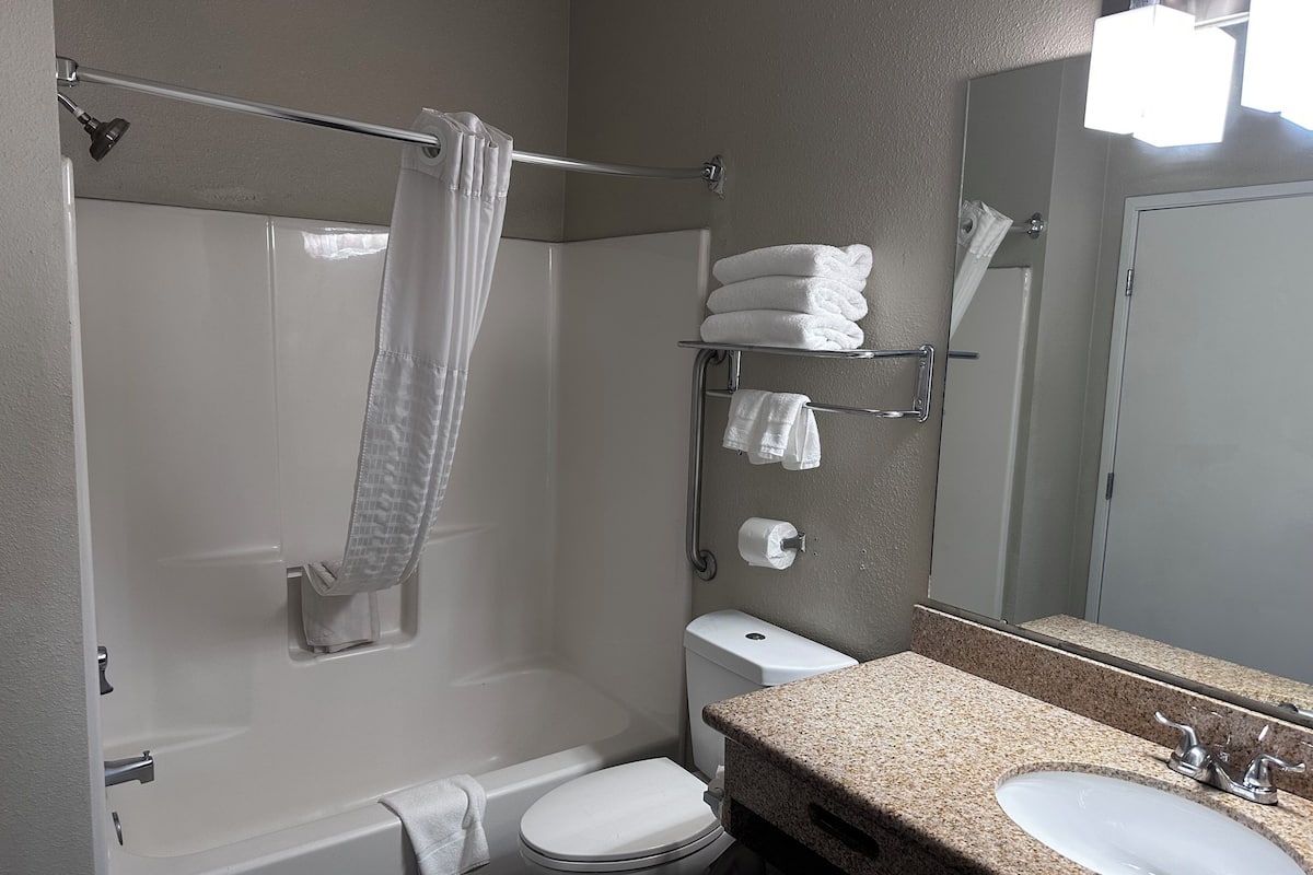 Combined shower/bathtub, free toiletries, hair dryer, towels