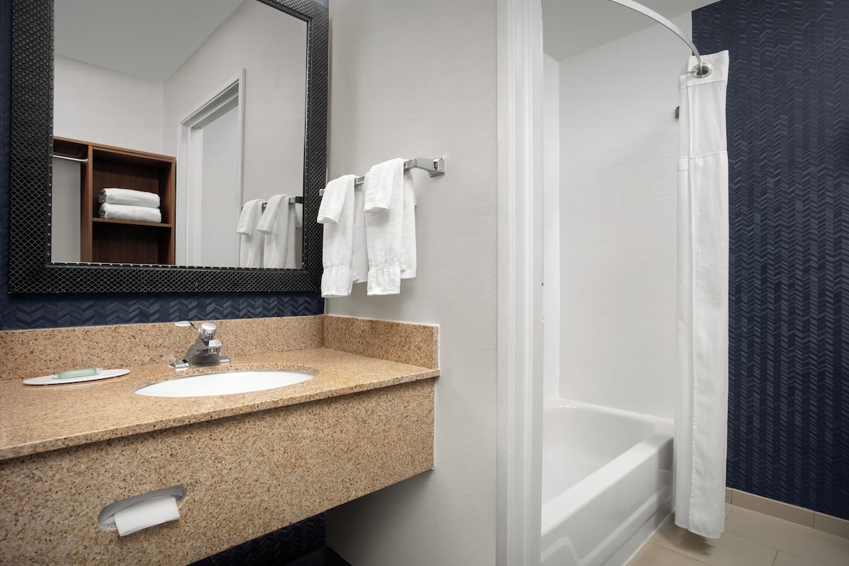 free toiletries, hair dryer, towels