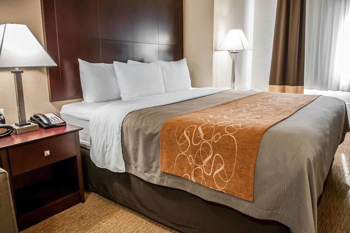 A hotel room with a bed, bedside lamps, a telephone, and a nightstand.
