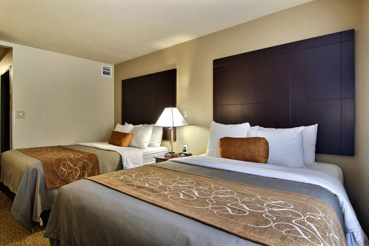 A hotel room with two beds, a nightstand, a lamp, and a headboard.