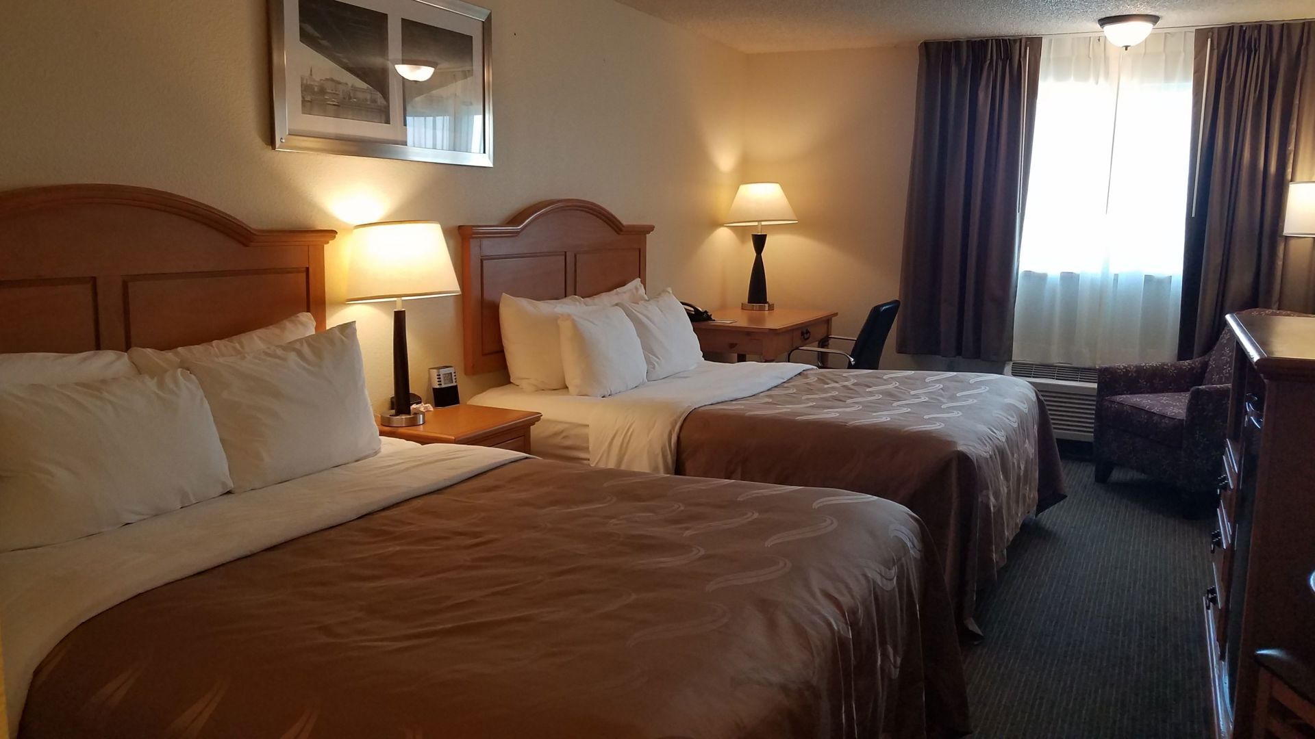 Premium bedding, desk, blackout drapes, iron/ironing board
