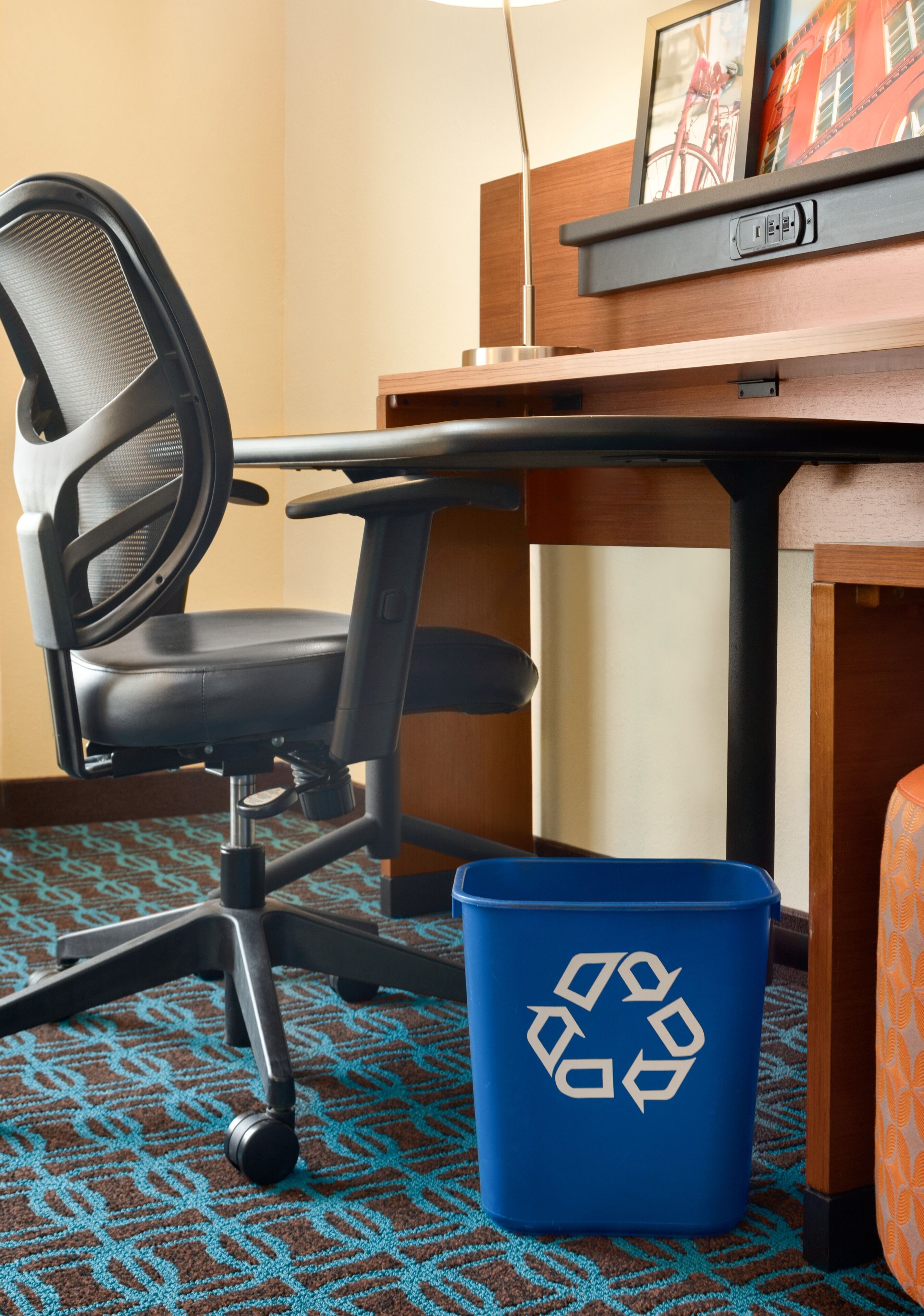 premium bedding, desk, laptop workspace, blackout curtains