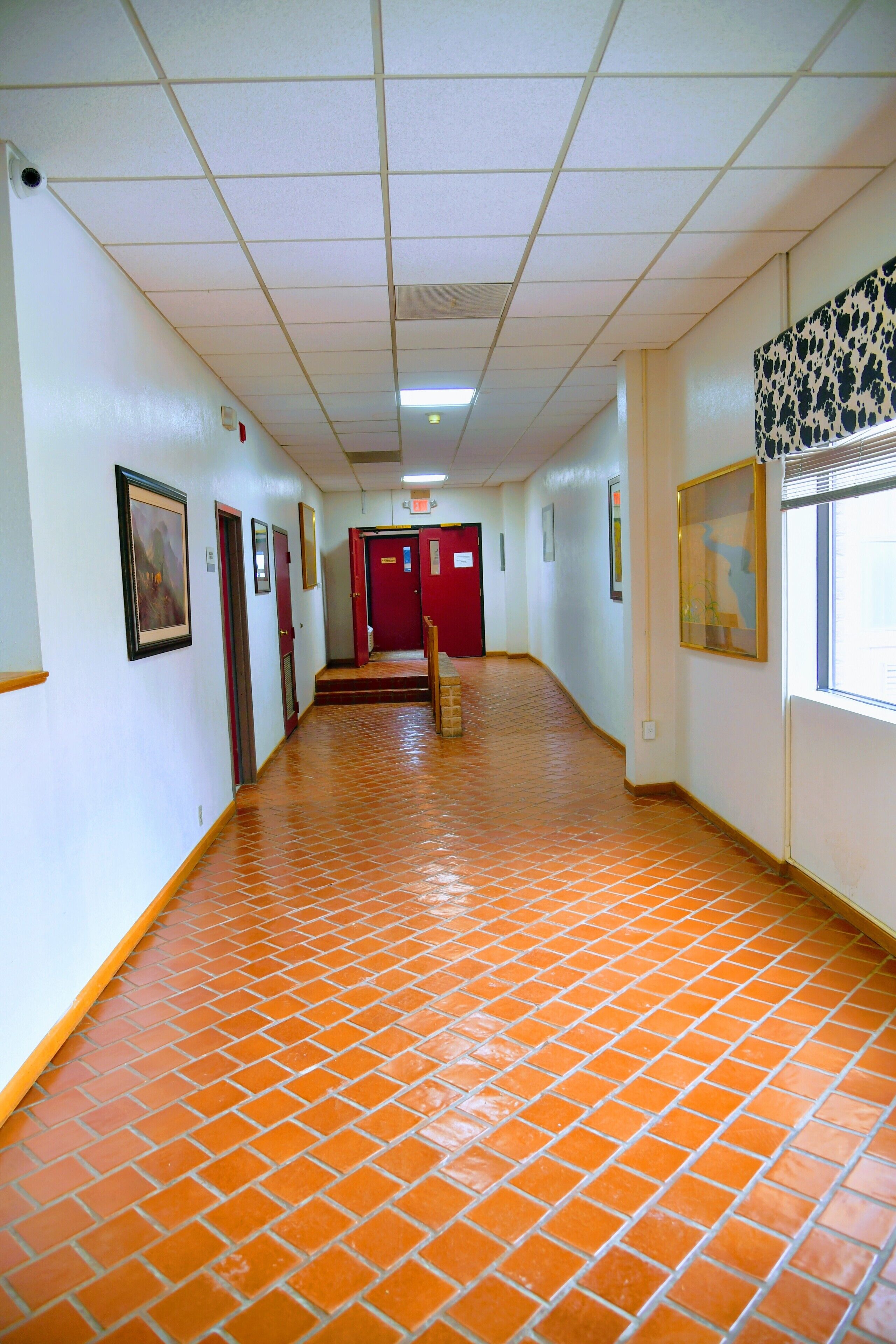 A hallway with orange-tiled flooring, white walls, and red doors.