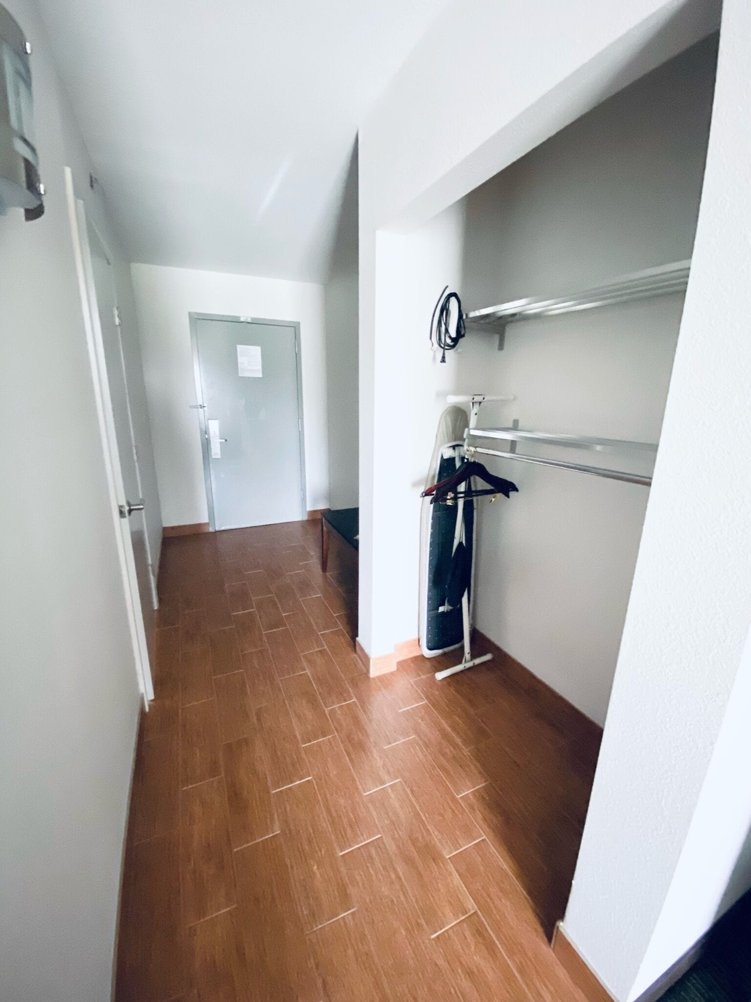 premium bedding, desk, blackout curtains, iron/ironing board