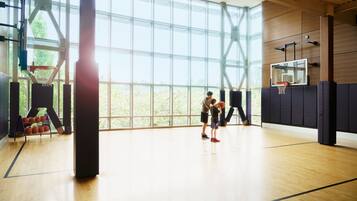 Eine überdachte Basketballhalle mit Holzboden, großen Fenstern und einem Basketballkorb.