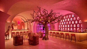 A bar area with a central tree, bar stools, and a wine rack in the background.