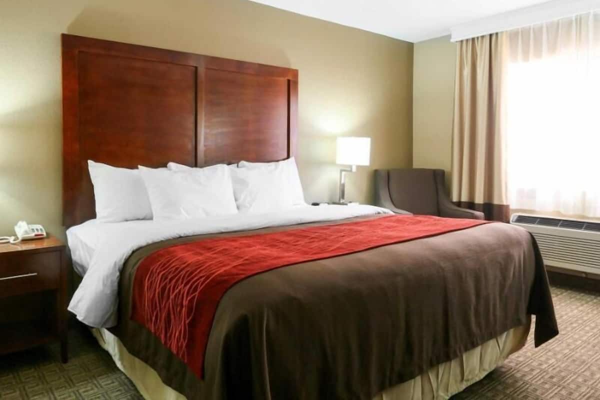 A hotel room with a large bed, a nightstand, a chair, a lamp, and a window with curtains.