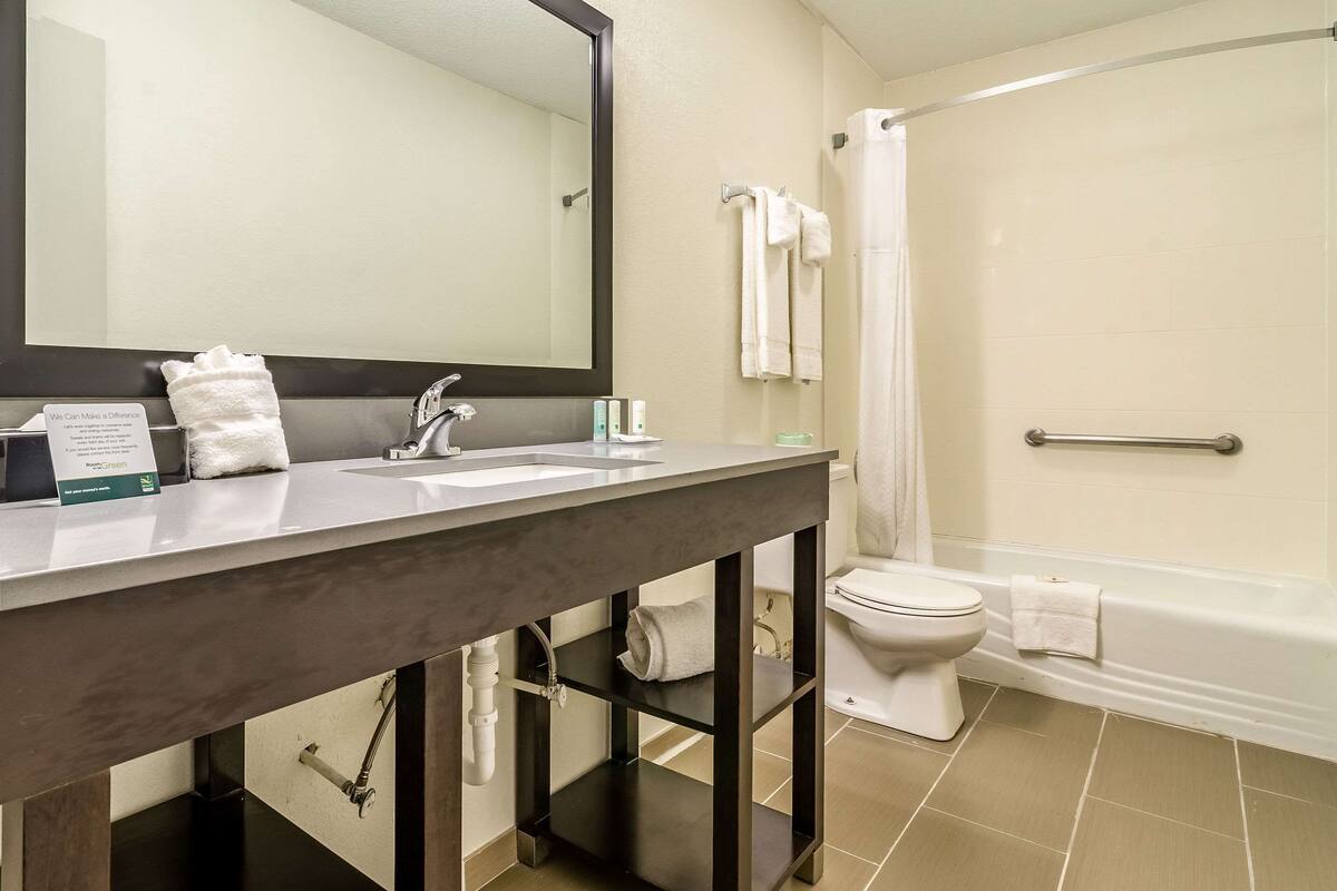 A bathroom with a dark countertop, a mirror, a sink, a toilet, and a shower area.