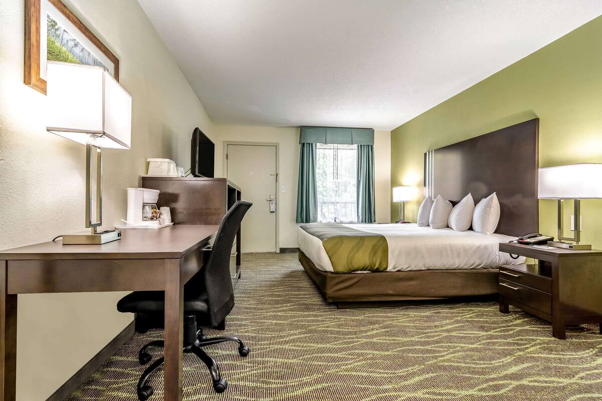 A hotel room with a bed, desk, chair, and a desk lamp.
