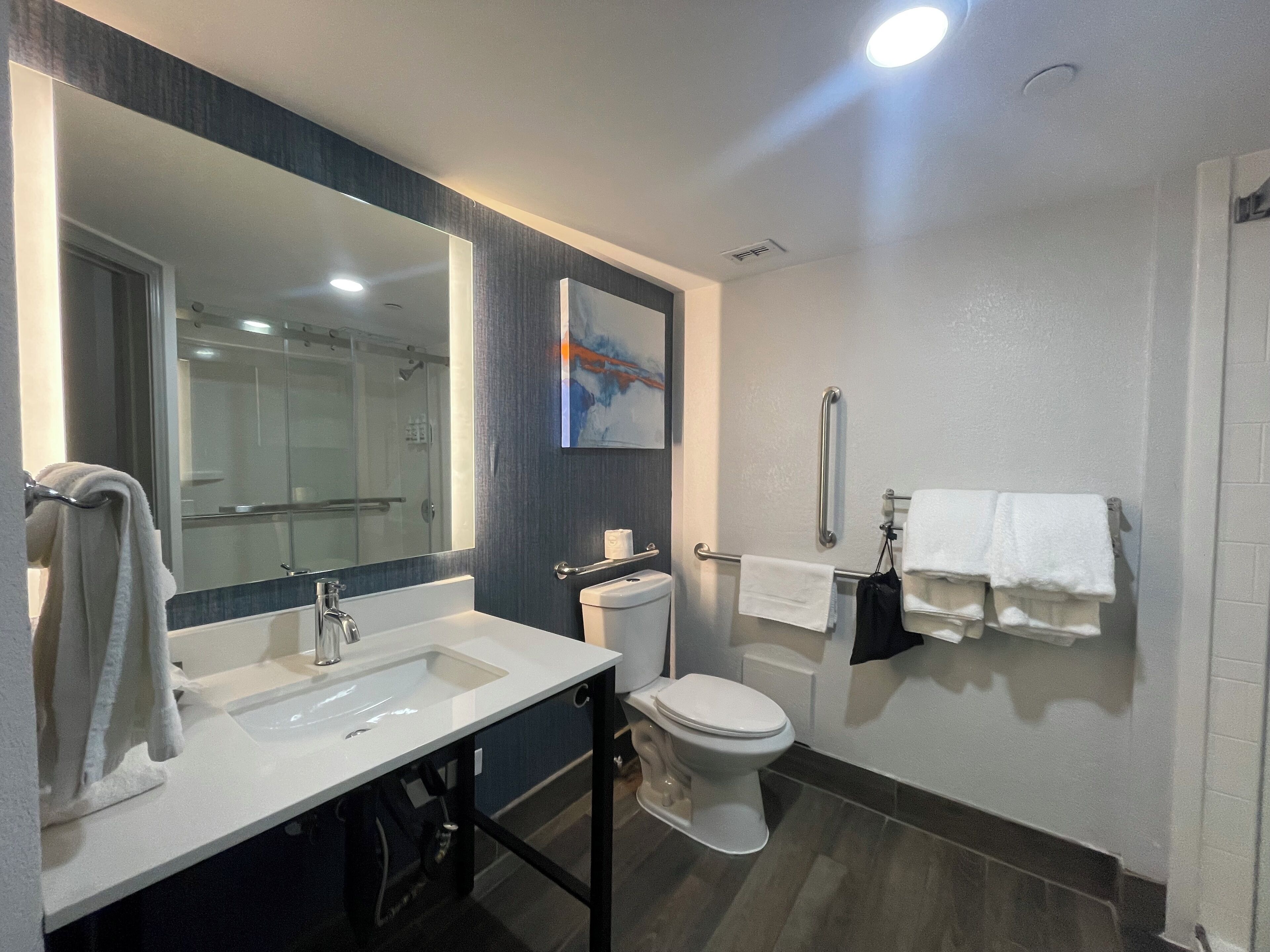 A modern bathroom with a large mirror, dual sinks, a toilet, and a shower area.