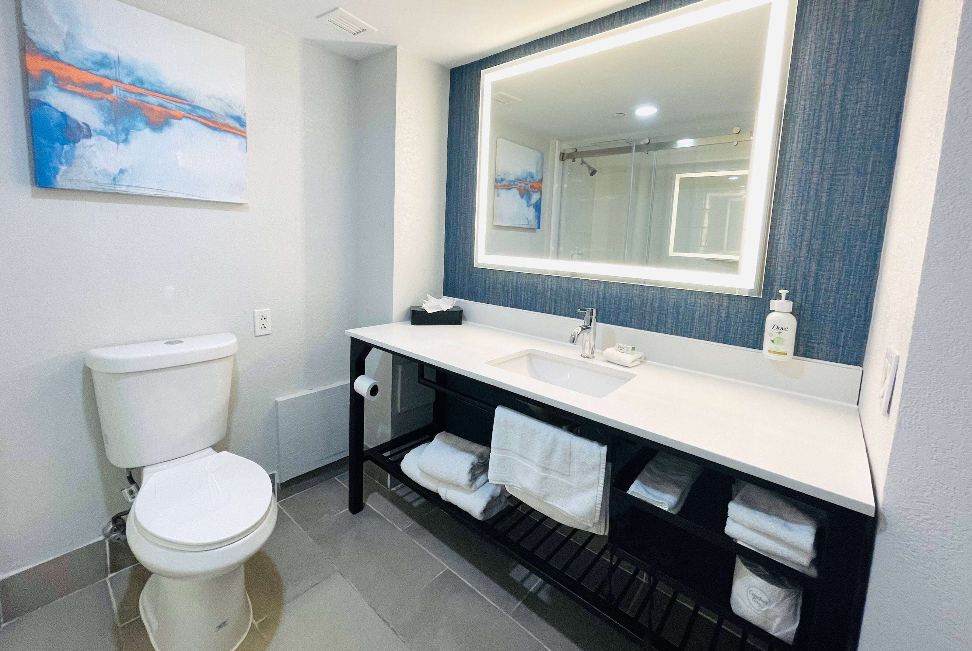 A modern bathroom with a white toilet, a large mirror, and a sink.