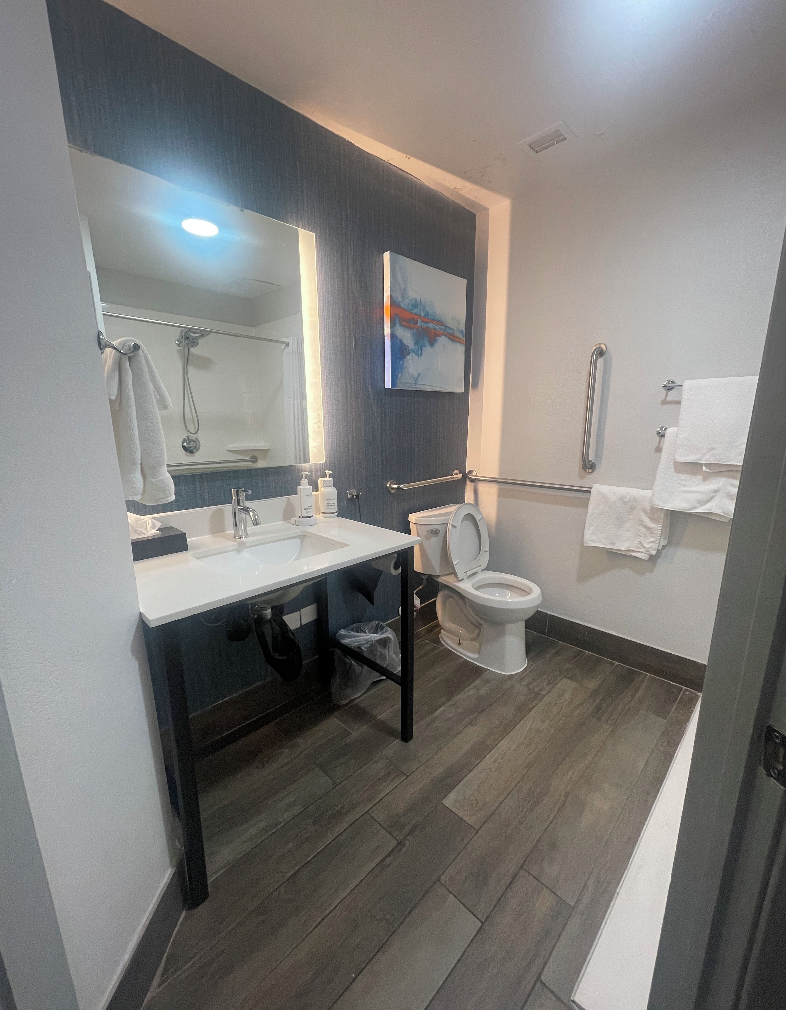 Une salle de bain moderne équipée d’un lavabo, de toilettes et d’une zone de douche.