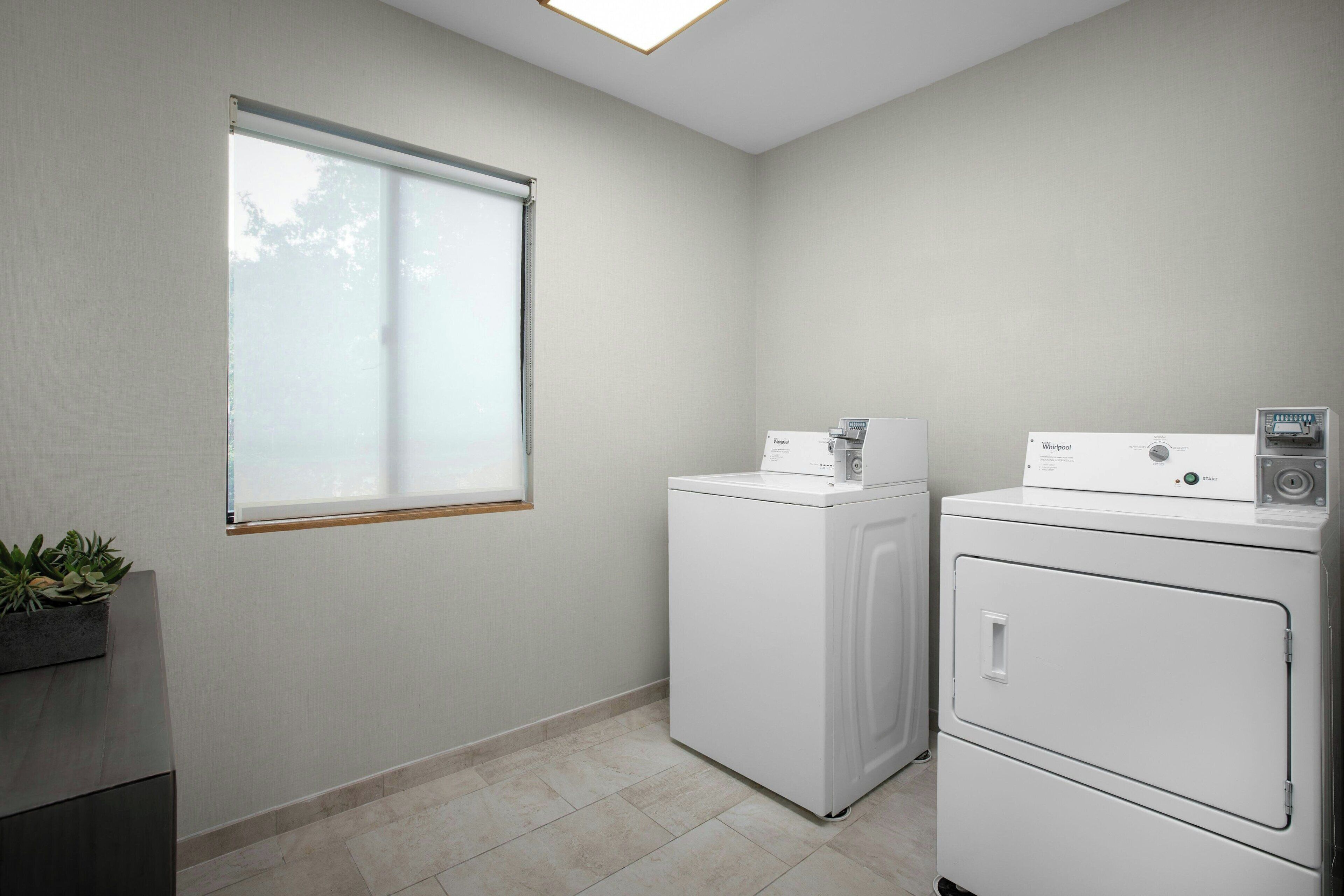A laundry room with two white washing machines, a window with blinds, and a potted plant on a counter.