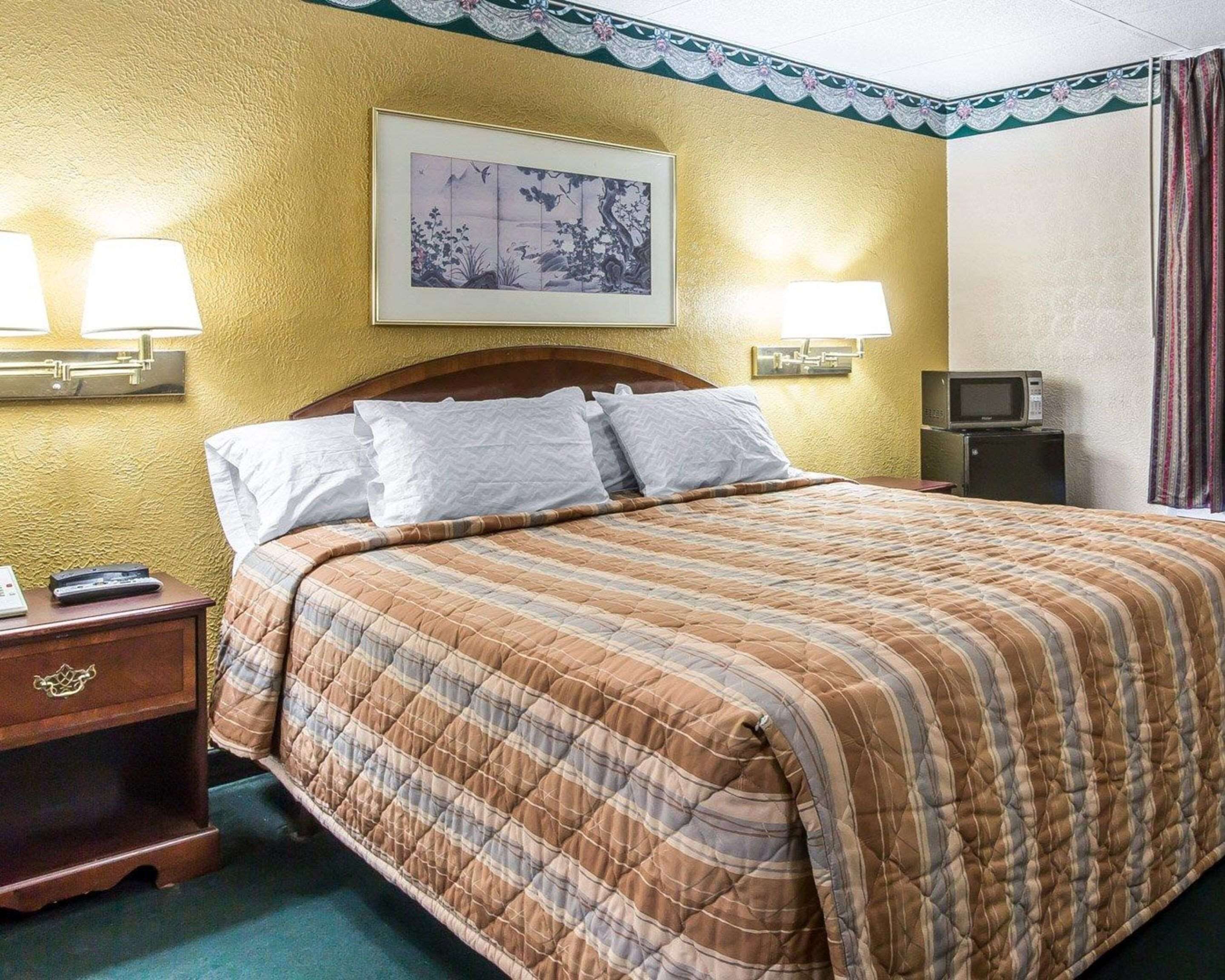 Une chambre d’hôtel avec un grand lit, deux lampes de chevet, un téléviseur posé sur un meuble et un tableau encadré au mur.
