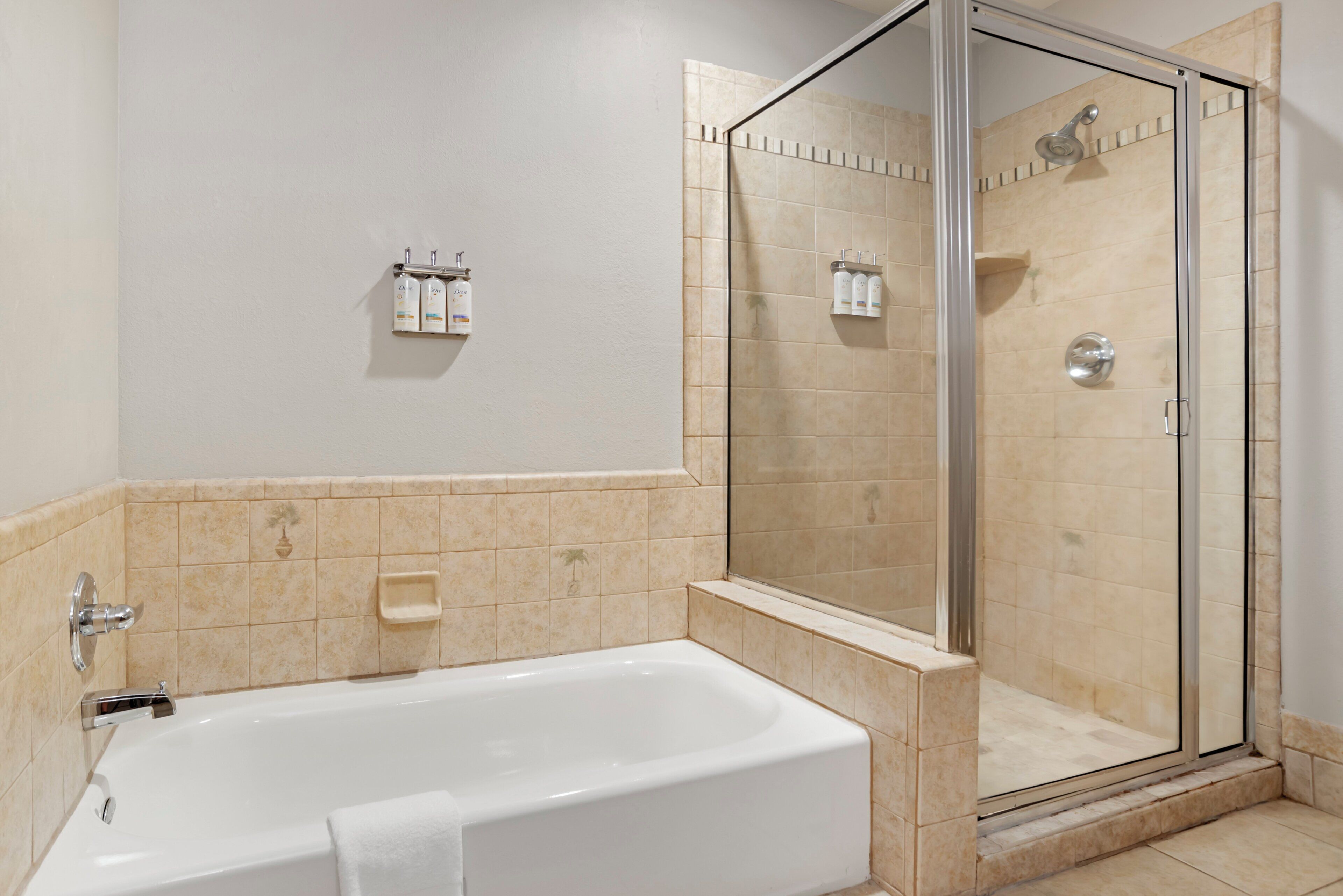 Ein Badezimmer mit einer Badewanne, einer Duschkabine und einem wandmontierten Seifenspender.