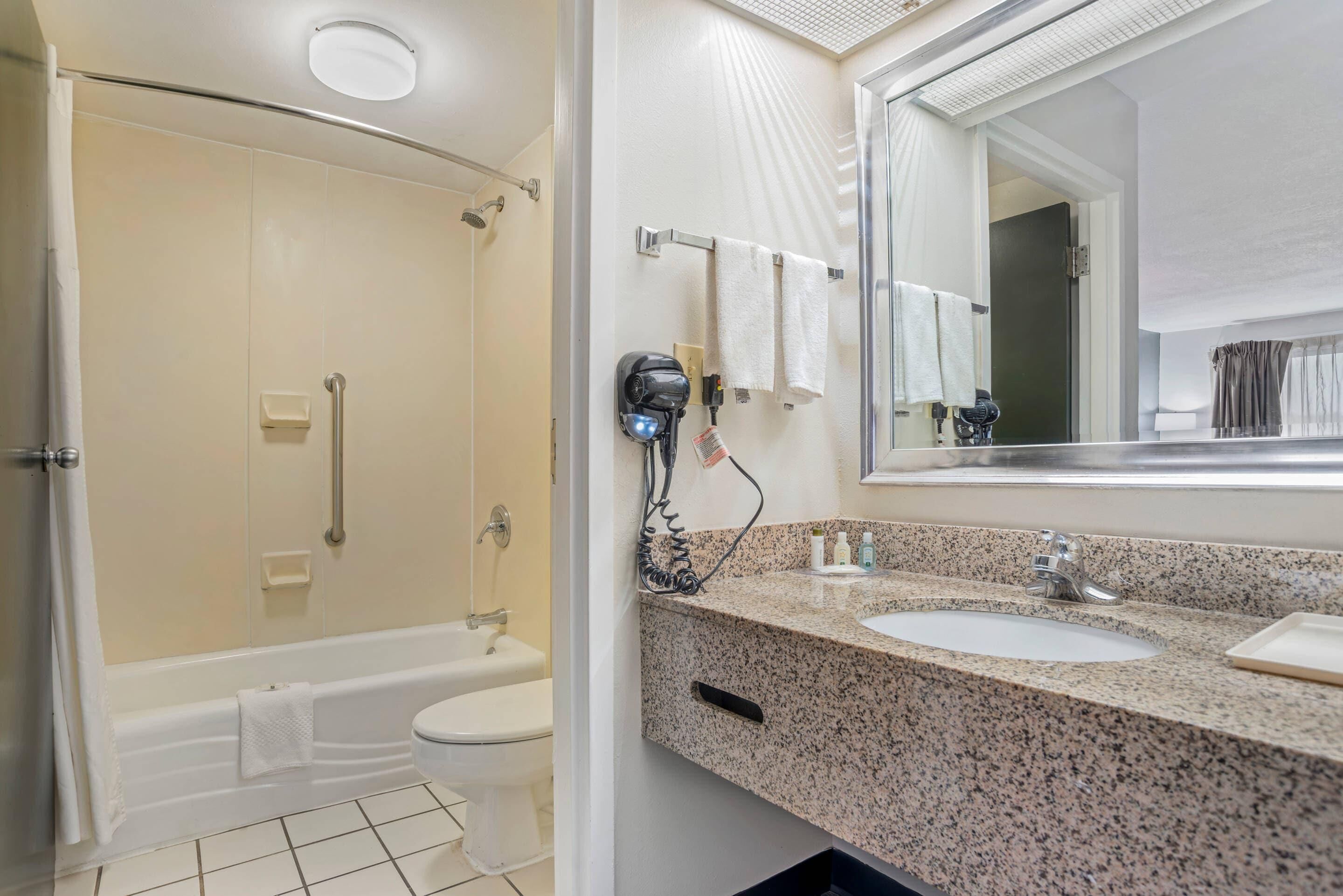 A bathroom with a shower, toilet, and sink with a mirror.