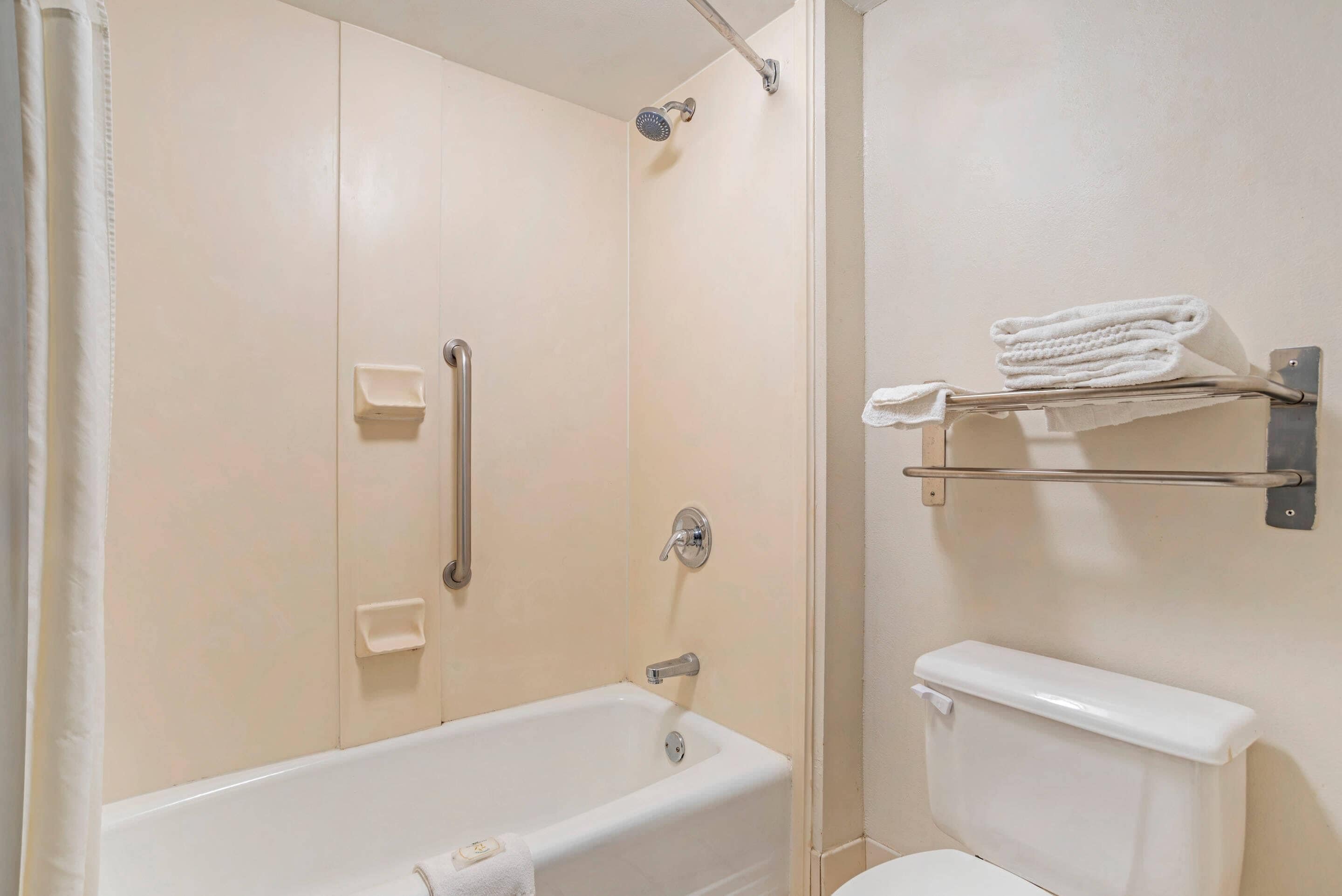 Un baño con bañera, inodoro y un perchero para toallas.