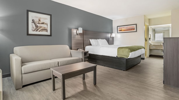 A modern hotel room with a grey wall, a bed with white bedding, a grey sofa, a wooden nightstand, and a small table.