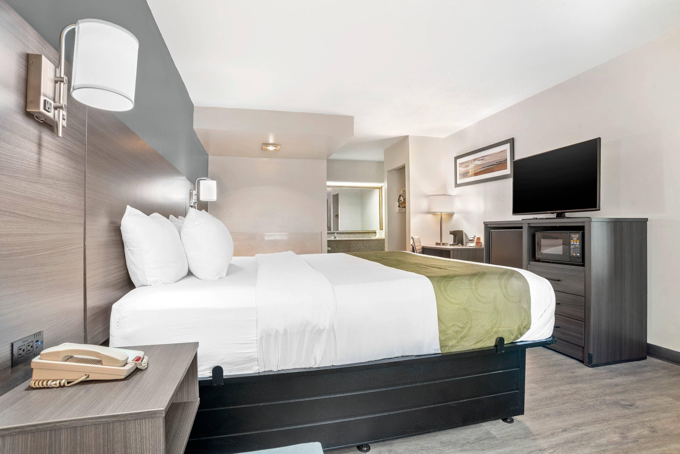 A modern hotel room with a large bed, a desk with a telephone, a flat-screen TV, and a microwave.