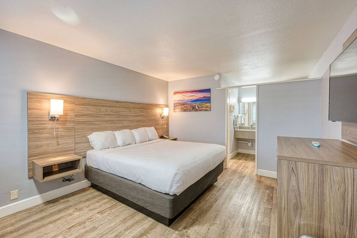Une chambre d’hôtel moderne avec un grand lit, des tables de chevet, une télévision et un tableau au mur.