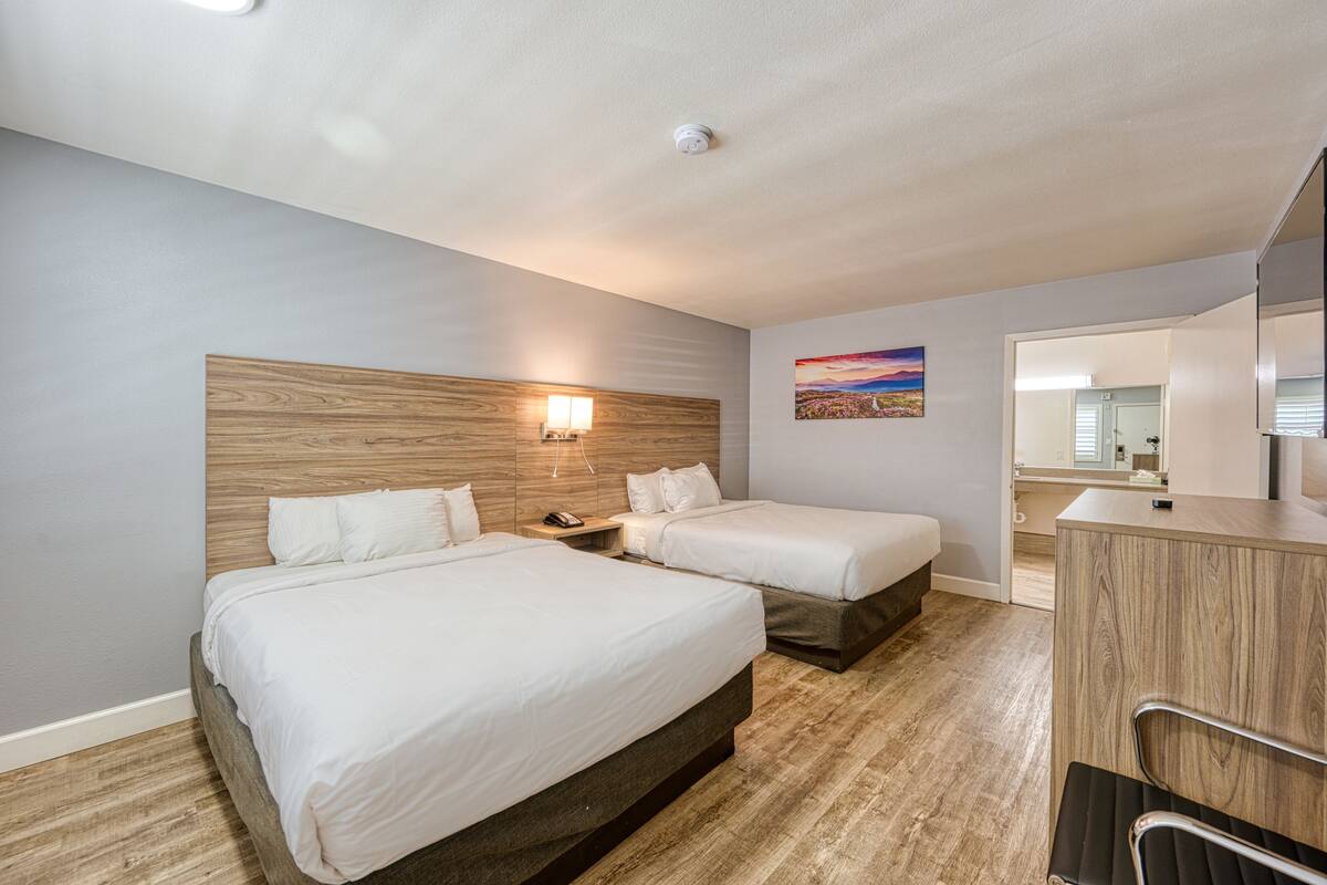 Une chambre d’hôtel avec deux lits, une tête de lit en bois, une table de chevet avec une lampe, un tableau au mur et un miroir au-dessus du bureau.