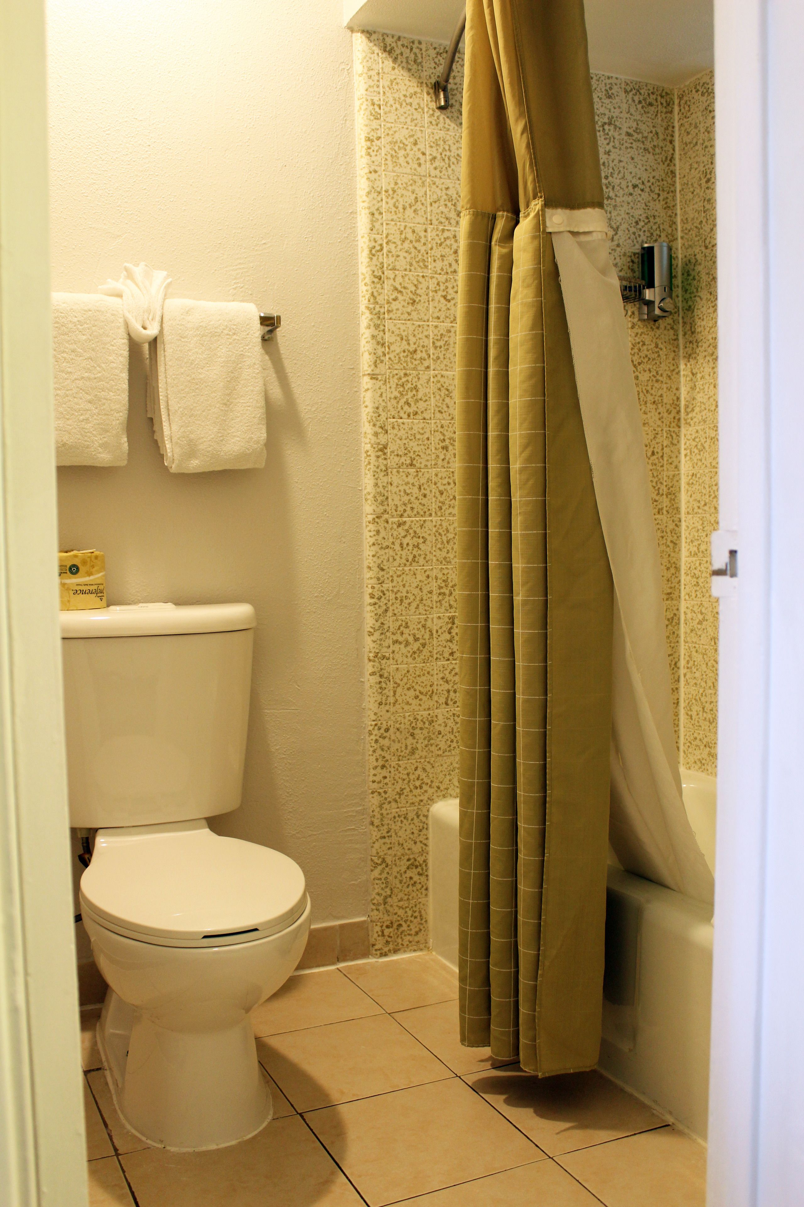 A bathroom with a toilet, a shower curtain, and a towel rack with two towels.