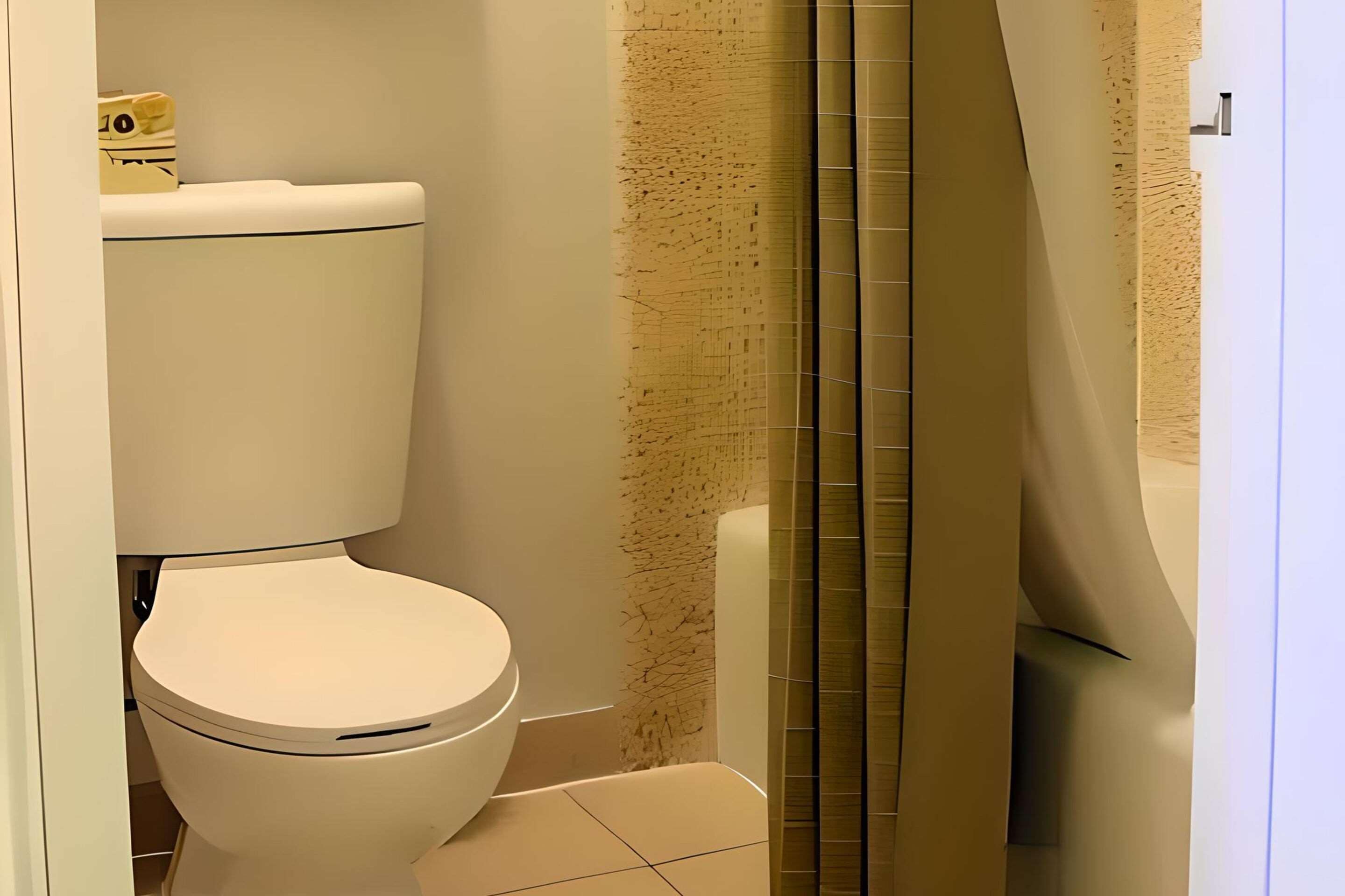 A bathroom with a toilet, a shower curtain, and a bathtub.