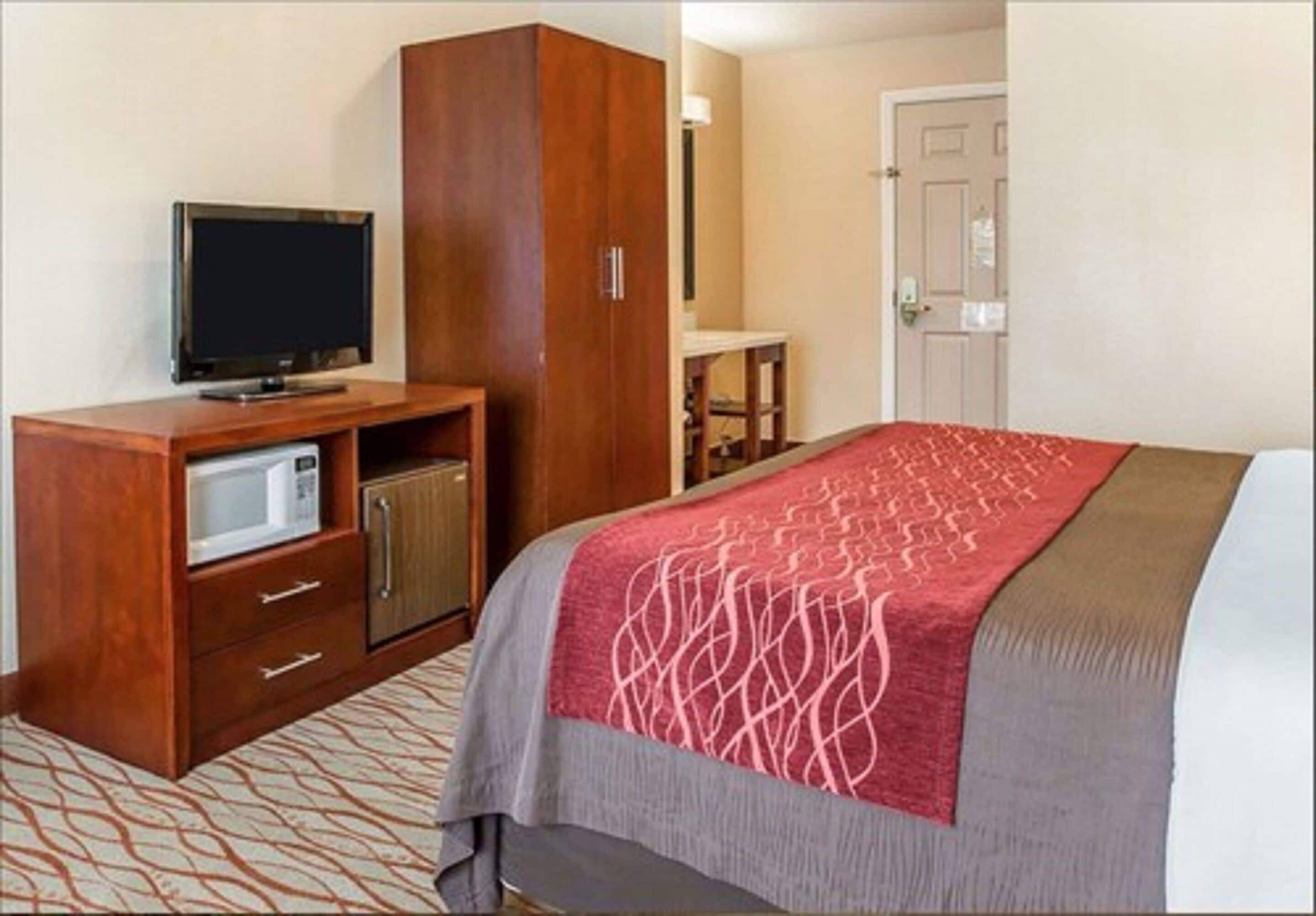 A hotel room with a bed, a television, a microwave, and a wardrobe.