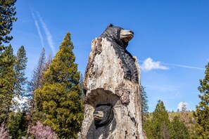 Une grande sculpture d’ours sculptée dans le tronc d’un arbre, entourée de pins et surplombée par un ciel bleu clair.