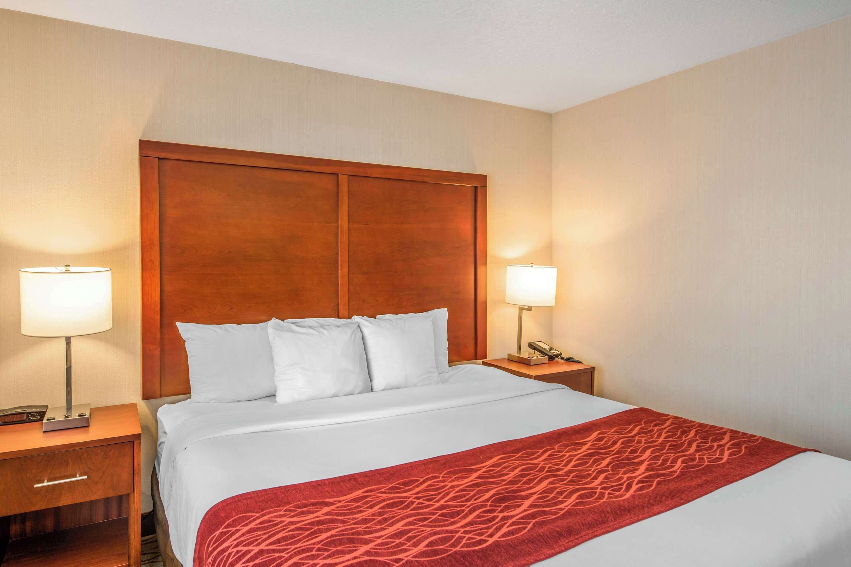 Een hotelkamer met een groot bed, twee nachtkastjes, een houten hoofdbord en twee bedlampjes.