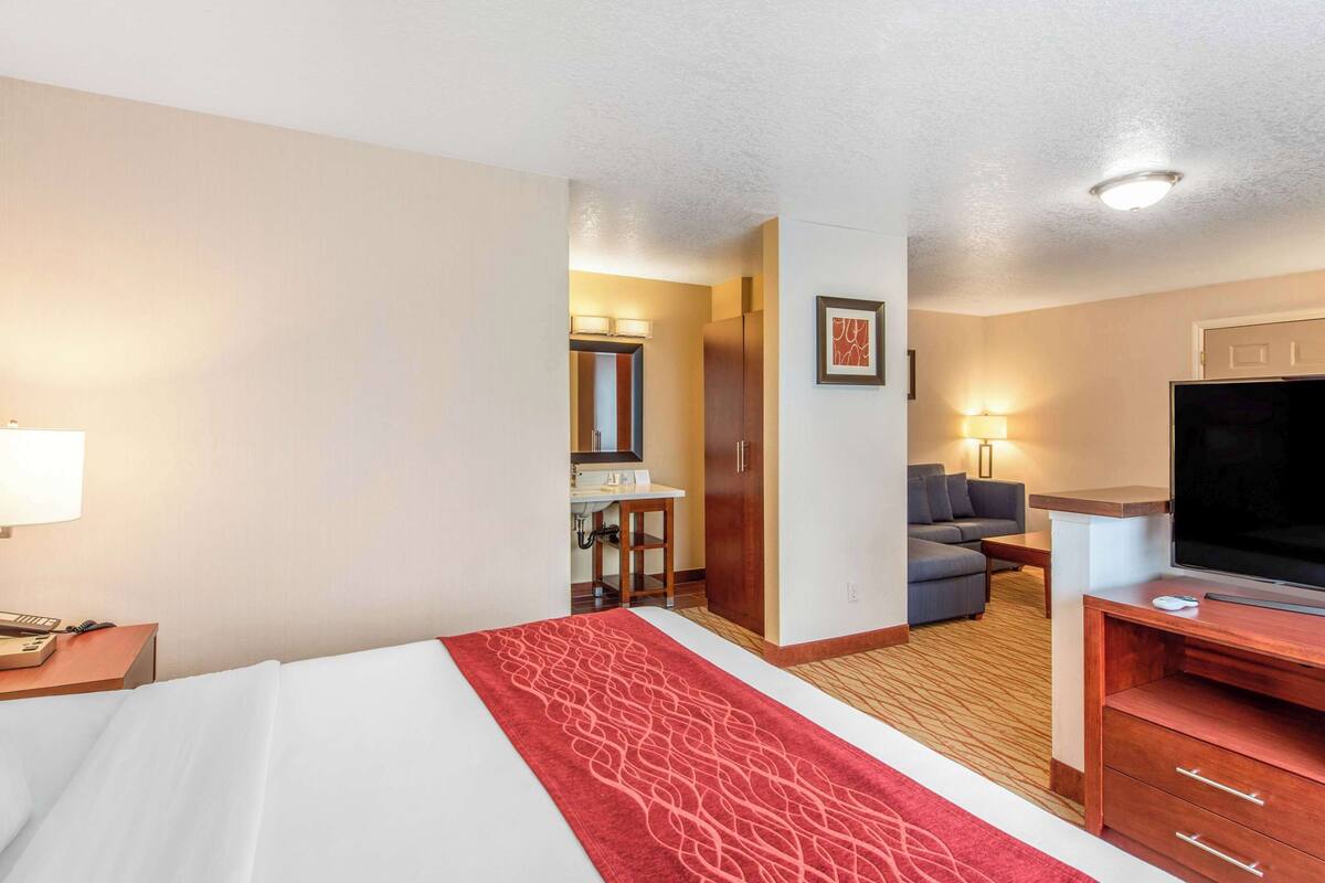 Une chambre d’hôtel avec un lit, un bureau, une télévision, un canapé et une salle de bain visible à travers une porte ouverte.
