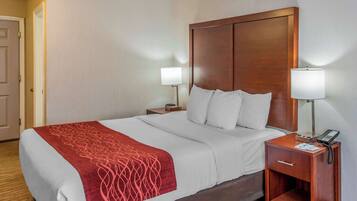 A hotel room with a large bed, two bedside tables, a wooden headboard, and two bedside lamps.