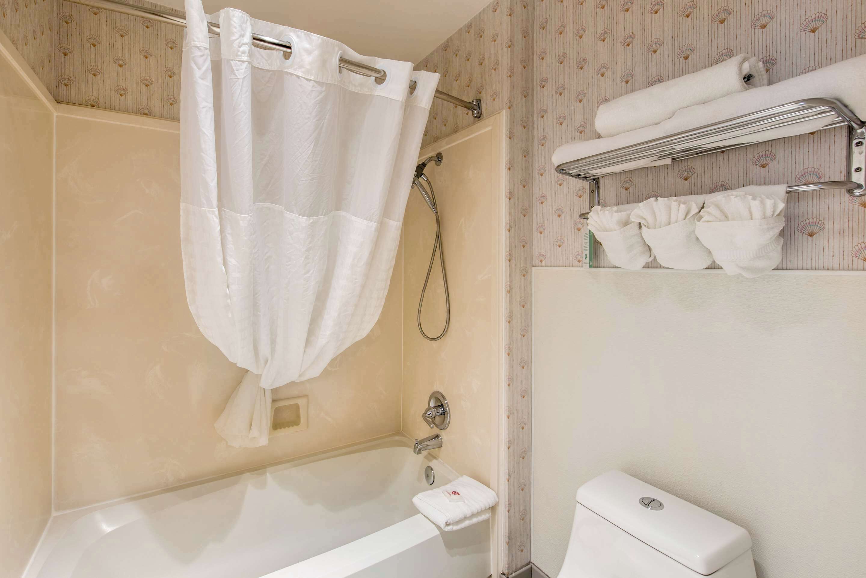A bathroom with a bathtub, a shower, a toilet, and a towel rack with towels.