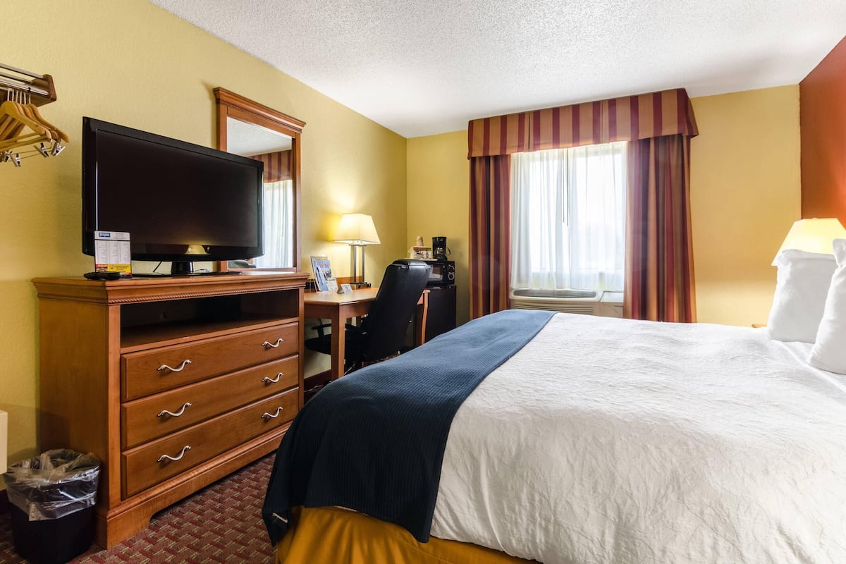 A hotel room with a large bed, a television, a desk with a chair, a coffee maker, and a trash bin.