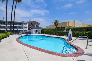 Ein Pool mit Ziegelrand, umgeben von einer Betonplattform, Palmen und einem Gebäude mit einem Schild.