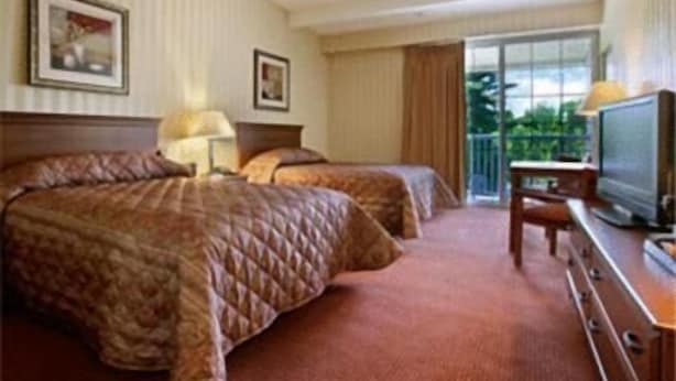 A hotel room with two beds, a television, and a balcony with a view of greenery.