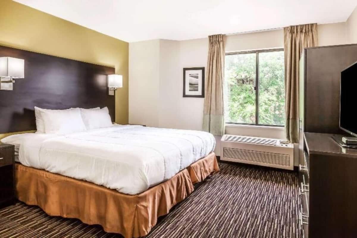 Ett hotellrum med en stor säng, en TV, ett fönster med gardiner, en värmare som sitter på väggen och en inramad tavla på väggen.