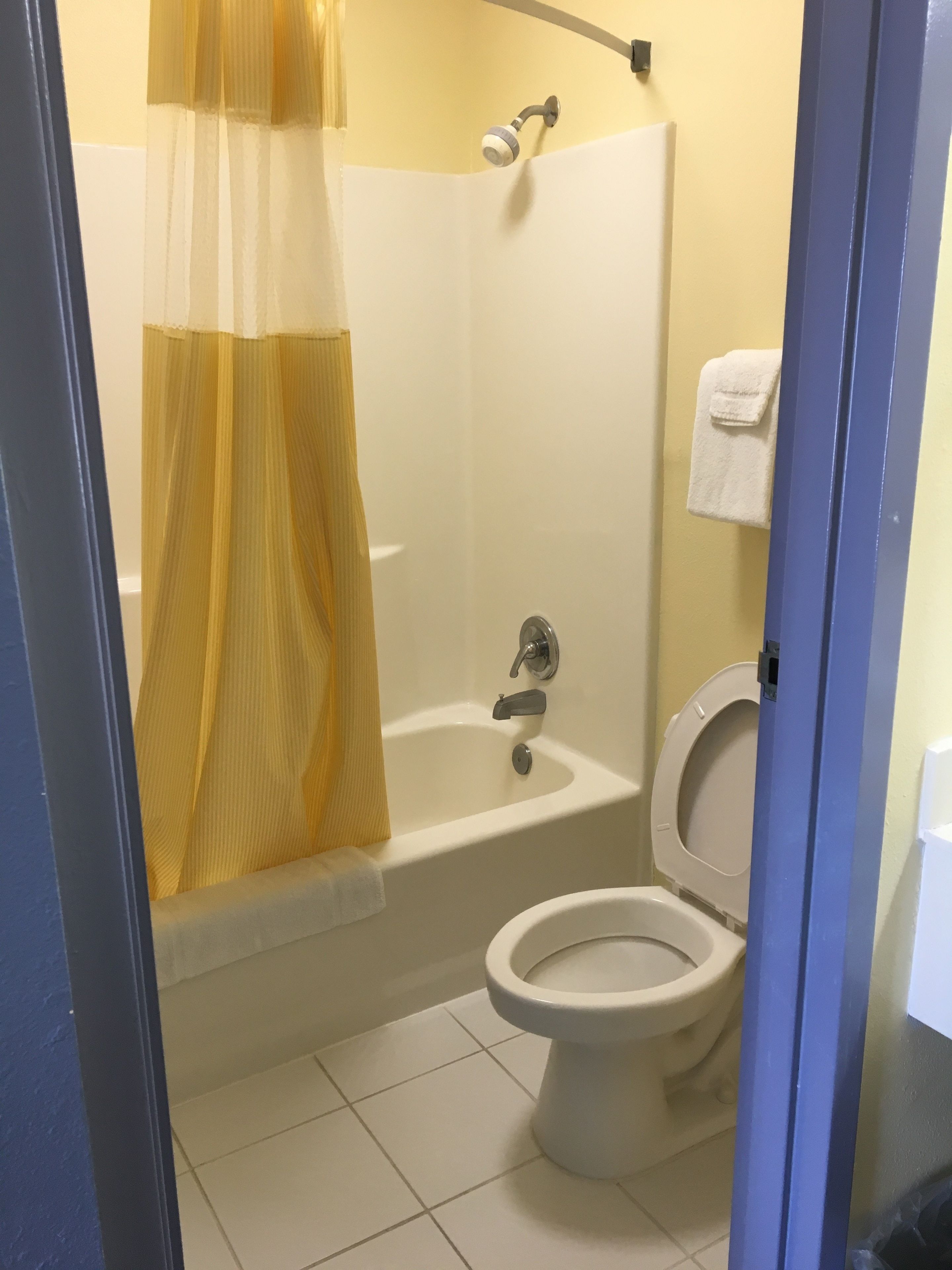 A bathroom with a bathtub, toilet, and shower curtain.