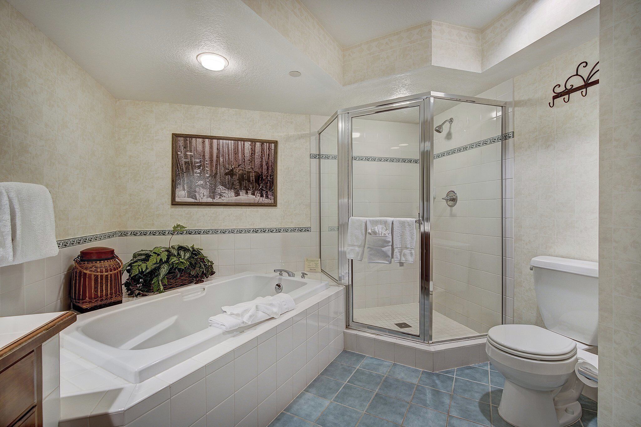 A bathroom with a bathtub, shower, and toilet.