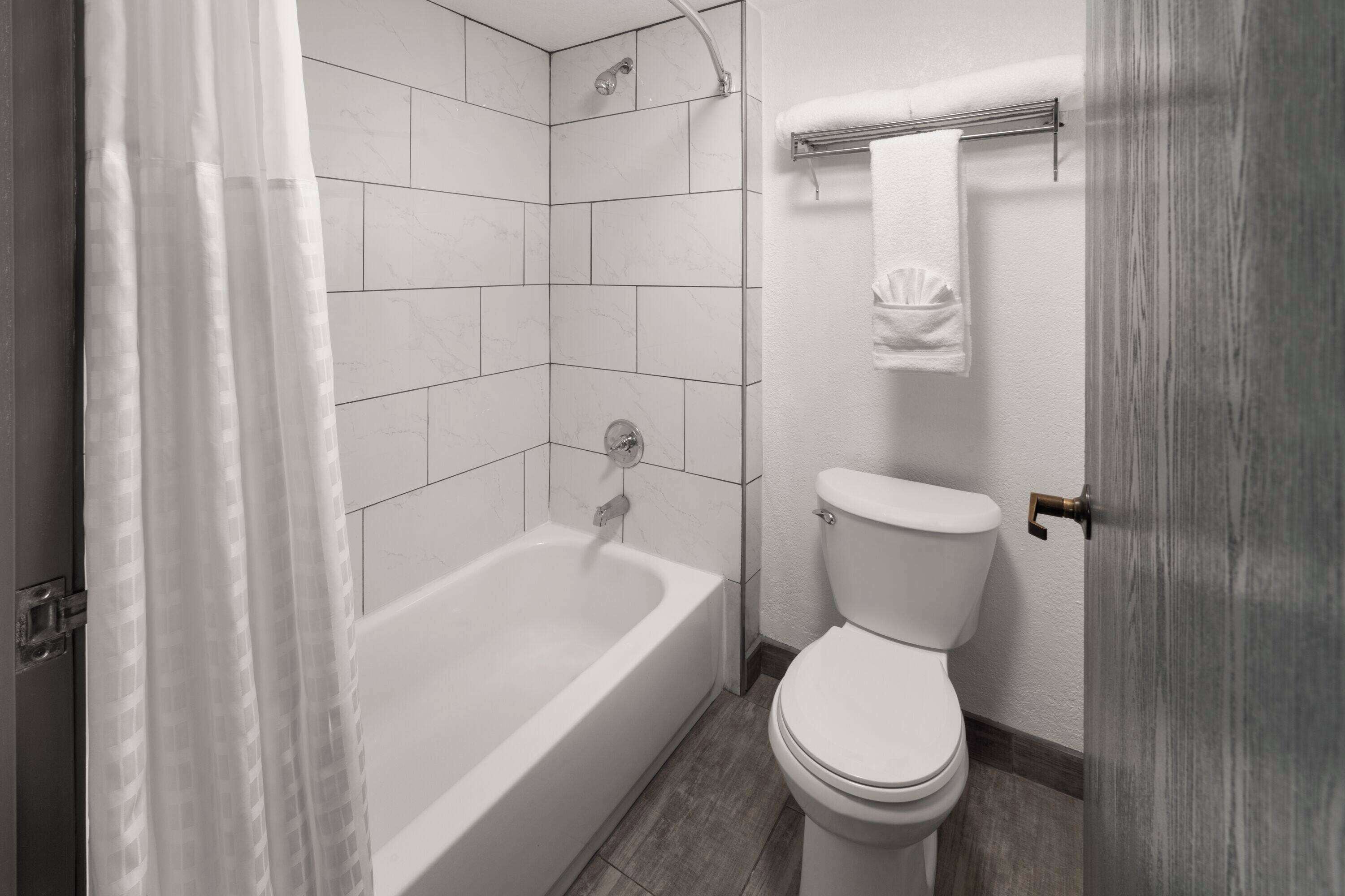 A bathroom with a bathtub, toilet, and shower.